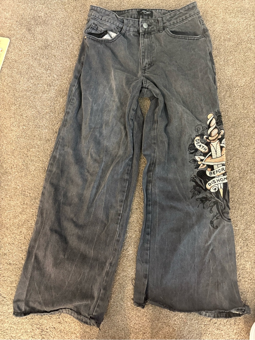 Ed Hardy Washed Black Wide Leg Jeans with Embroidered Side Detail